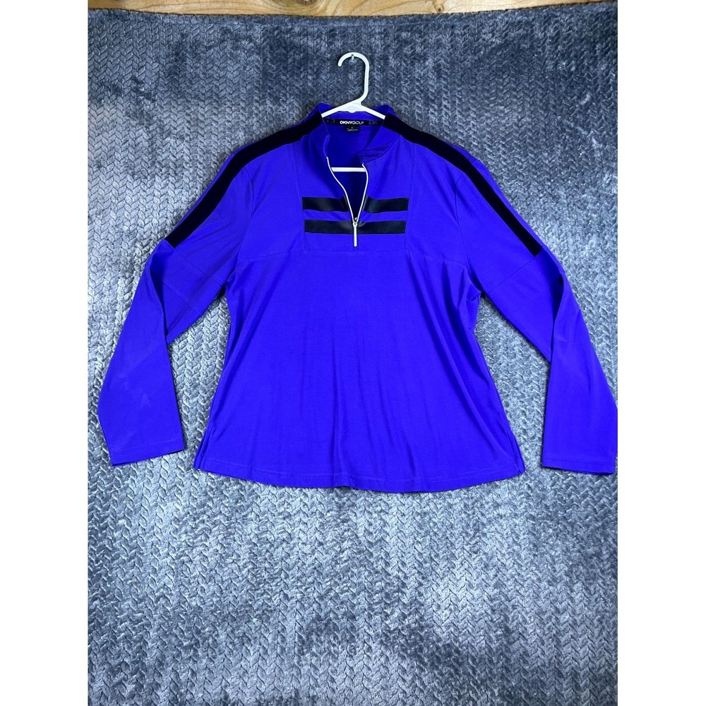 DKNY Golf Quarter Zip Top Womens L Blue Stretch Black Striped Performance Wear